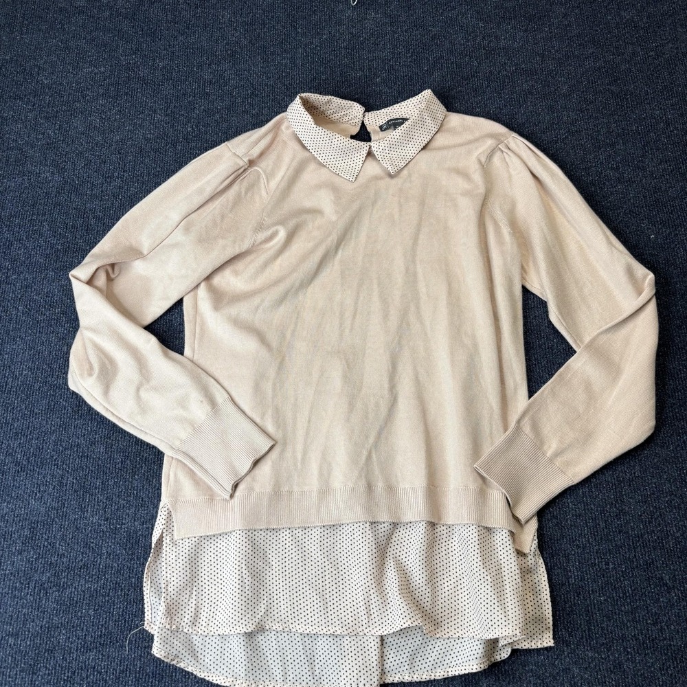 Adrianna Papell‎ Sweater Womens Medium Beige Polka Dot Collar Layered Hem Knit